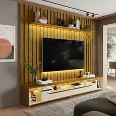 Painel Ripado com Led London 222cm e Rack Loop com Rodízios TV 70 Polegadas – Olivar Móveis