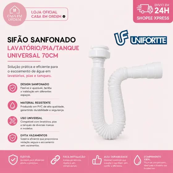 Sifão Sanfonado Extensivo Universal Branco - Pia Cuba Tanque