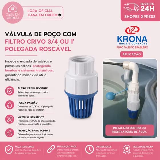 Valvula poço com filtro crivo 3/4 ou 1" roscavel Krona