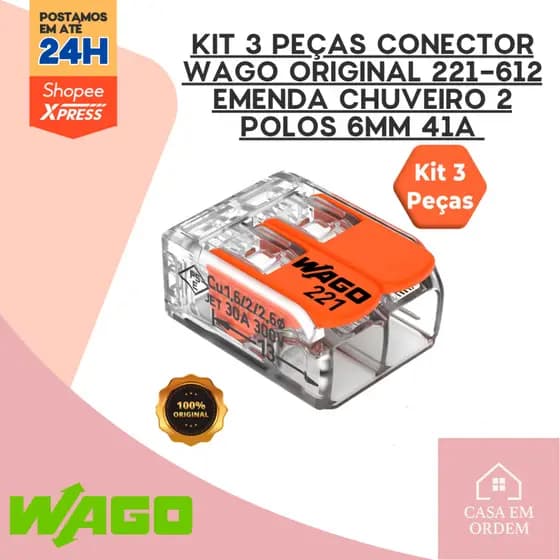 Kit 3 Peças Conector WAGO 221-612 – 2 Polos 6 mm² / 41 A – Emenda Automática Profissional