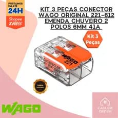 Kit 3 Peças Conector WAGO 221-612 – 2 Polos 6 mm² / 41 A – Emenda Automática Profissional