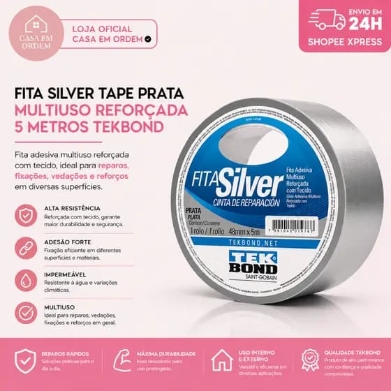 Fita Silver Tape Prata Multiuso Reforçada 5 Metros TekBond