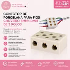 Conector De Porcelana Para Fios Chuveiro 6mm/10mm De 3 Polos