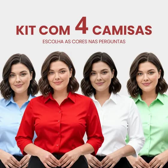 Kit 4 Camisa Social Feminina Manga 3/4 Plus Size Blusa Social Extra Grande Tecido Não Amassa Camiseta Social Elastano