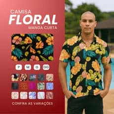 Camisa Social Floral Masculina Slim Fit Manga Curta Blusa Florida