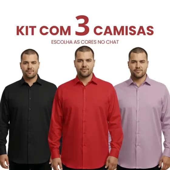 Kit 3 Camisa Social Masculina Manga Longa Plus Size Blusa Social Masculina Slim Lisa Camisas Social Masculino Luxo