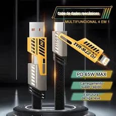 Cabo Carregamento Rápido 4 em 1 TURBO 65W/27W Cabeça de Metal Revestimento de Nylon 1 metro