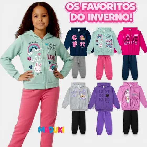 Kit 6 Peças Moletom Jaqueta com Capuz e Zíper e Calça Feminino Infantil Menina Inverno