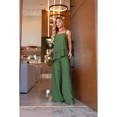 Conjunto feminino alfaiataria elegante calça pantalona e blusa assimétrica