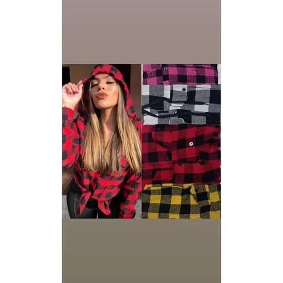 camisa feminina xadrez flanelada com capuz manga longa e botão