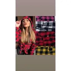 camisa feminina xadrez flanelada com capuz manga longa e botão