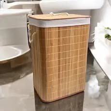 Cesto de Roupa Suja Bambu Com Tampa e Alça 72 Litros Grande Organizador Multiuso Dobrável
