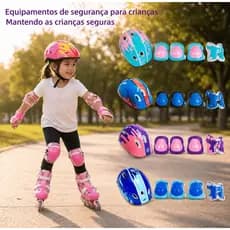 Kit Proteção Infantil com Capacete 7 Peças Joelheira Cotoveleira Munhequeira Bike Skate Patins