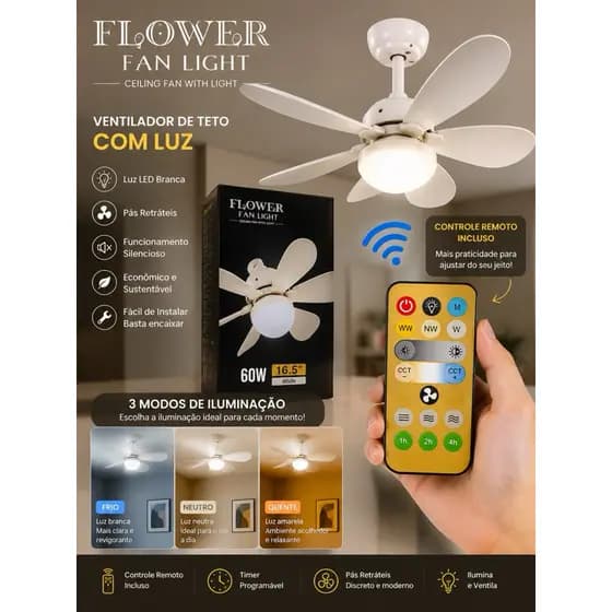 Lâmpada Ventilador de Teto com Controle Remoto E27 | 6 Hélices | 60W LED Bivolt - SQ7749