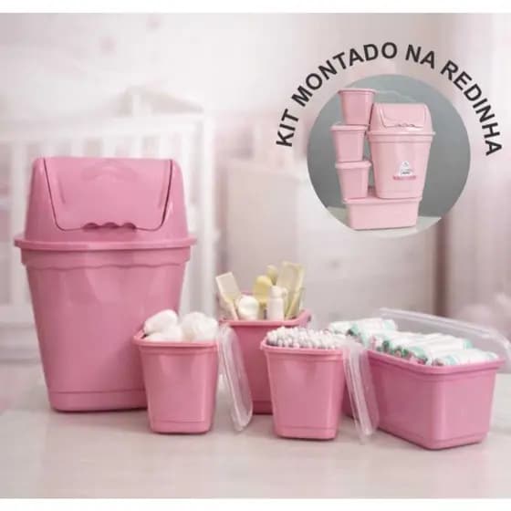Kit Higiene Bebê Rosa Organizador Infantil Completo Plástico 5 Peças