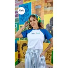 BLUSA FEMININA MADE IN BRASIL MANGA RAGLAN  AZUL COM BRANCO ALGODÃO | COPA DO MUNDO | CAMISETA  MADE IN BRASIL FEMININA