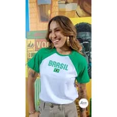 BLUSA FEMININA BANDEIRA BRASIL MANGA RAGLAN VERDE COM BRANCO ALGODÃO | COPA DO MUNDO | CAMISETA BANDEIRA BRASIL FEMININA