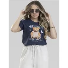 BLUSA FEMININA ALGODÃO PREMIUM | CAMISETA FEMININA ESTAMPA URSA AZUL MARINHO - TAMANHO M