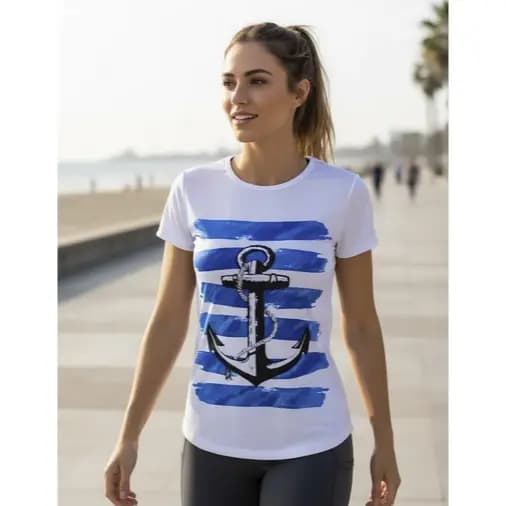 BLUSA FEMININA MALHA SOFT  COM ELASTANO | CAMISETA FEMININA ESTAMPA ANCORA CONFORTÁVEL