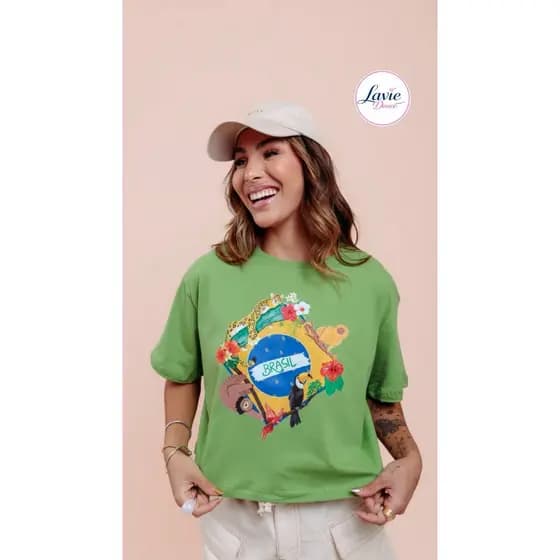 CROPPED FEMININO OVERSIZED ALGODÃO PREMIUM | CAMISETA CURTA ESTAMPA BRASIL VERDE MODELO CURTO E ESTILO GRANDE