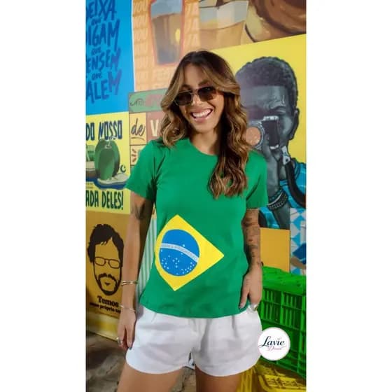 BLUSA FEMININA BANDEIRA DO BRASIL ORDEM E PROGRESSO VERDE ALGODÃO | COPA DO MUNDO | CAMISETA BANDEIRA BRASIL FEMININA