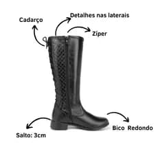 Bota Feminina Cano Longo Trançada Com Cadarço Bota Montaria