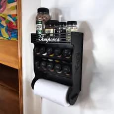Porta Temperos e Papel Toalha de Parede 10 Potes com Local Para Colocar Potes de Sal e Cartela de Etiquetas
