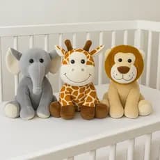 Pelúcia Safári – Elefante, Girafa e Leão | Pelúcias 25cm – Animais da Selva para Decoração | GU