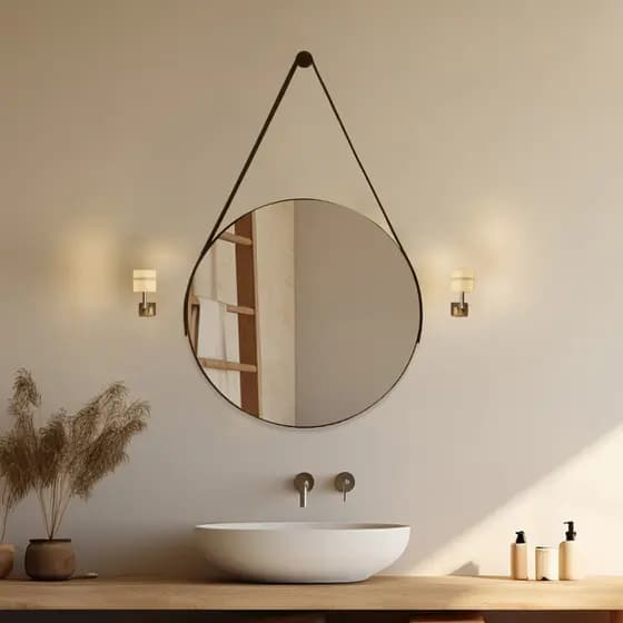 Espelho Adnet Redondo 40cm Com Alça Couro e Suporte Decorativo Para Sala Banheiro