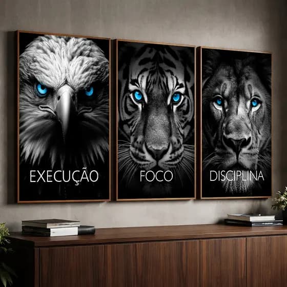 Quadro Decorativo Motivacional  Disciplina Foco Execução 3 Telas Sala Quarto Escritório