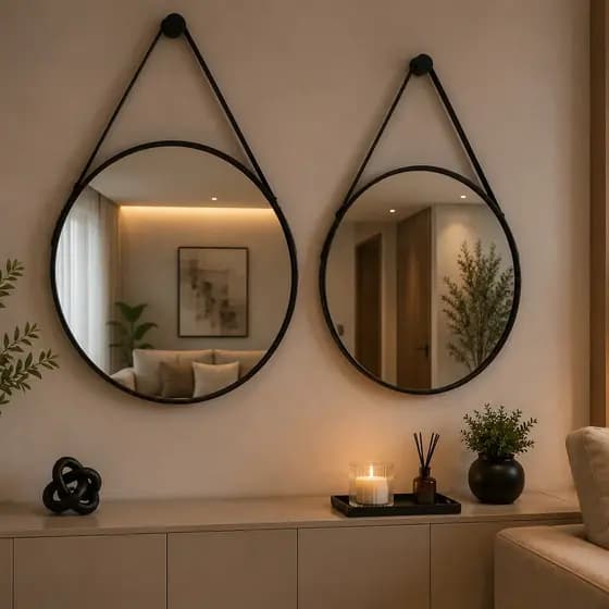 Kit 2 Espelhos Redondos Adnet 50cm com Alça de Couro com Suporte Decorativo para Banheiro, Sala, Quarto, Lavabo e Hall