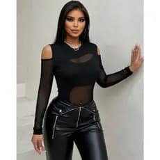 KIT 02 ou 1 BODY BORI FEMININO BLUSINHA TULE MANGA LONGA FRENTE DUPLA SUPLEX