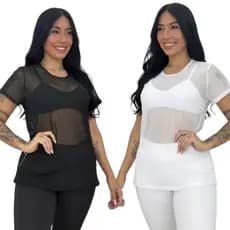 Blusa De Academia Plus Size Kit 2 camisa feminina de tule treino moda fitness