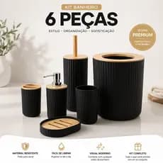 Kit Banheiro Bambu 6 Peças Preto Completo Acessórios Moderno com Lixeira e Escova Sanitária