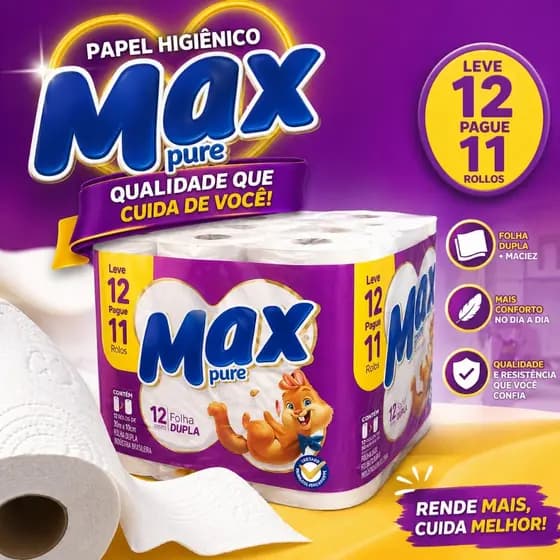 Papel Higienico max pure Folha Dupla 12 Rolos 30m Leve 12 Pague 11 Macio Oferta Premium neutro