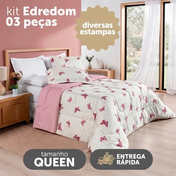 Kit Edredom Casal Queen Floral Avere Micropercal 200 Fios 3 Peças - Dupla Face
