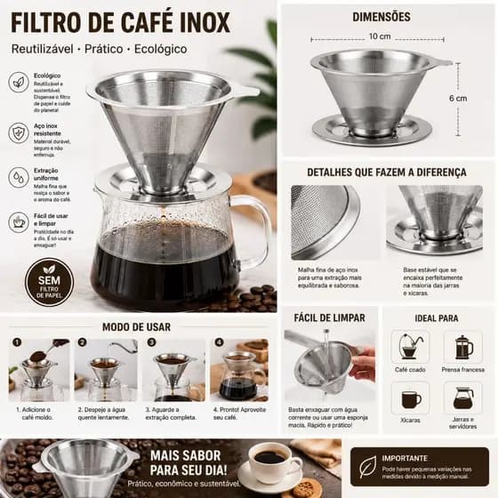 Coador de Café InoxArte 103 – Filtro Permanente Aço Inox Reutilizável | Café Artesanal sem Papel