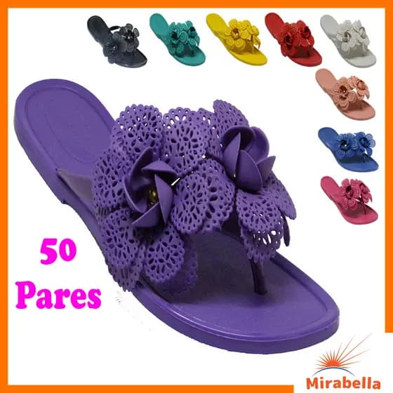 Kit 50 Pares Sandália Chinelo Feminino Flores Rasteirinhas Mirabella