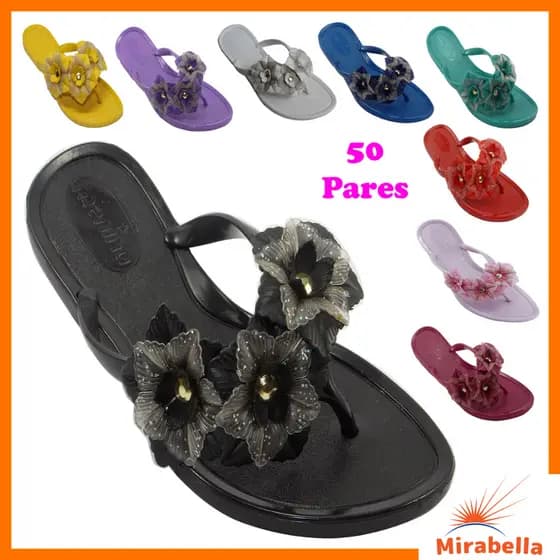 Kit c/ 50 Pares Chinelo Feminino Flores Glitter Sandálias Rasteirinhas Revenda