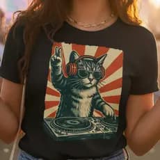 Camisa T-Shirt Gato Dj Vintage humor grunge Blogueirinha Casual Americana Unissex do P ao Plus Size