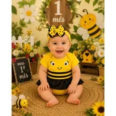 Body Bebê Mesversário Abelhinha Fantasia + Tiara faixa laço temático