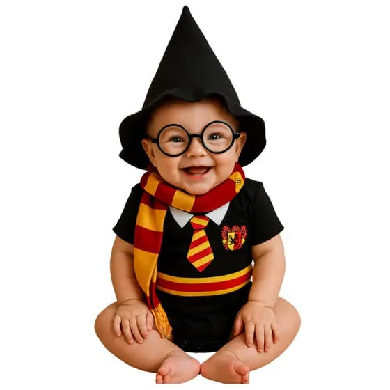 Kit Body Bebê fantasia Mesversário Harry Potter + cachecol + chapéu+ óculos