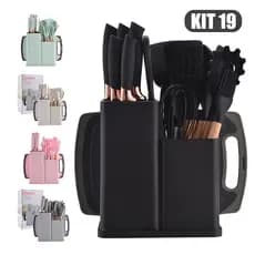 Kit Completo Jogo Utensílios de Cozinha De 19 Peças Com Tábua em Silicone Espátula Faca E Tesoura -R9