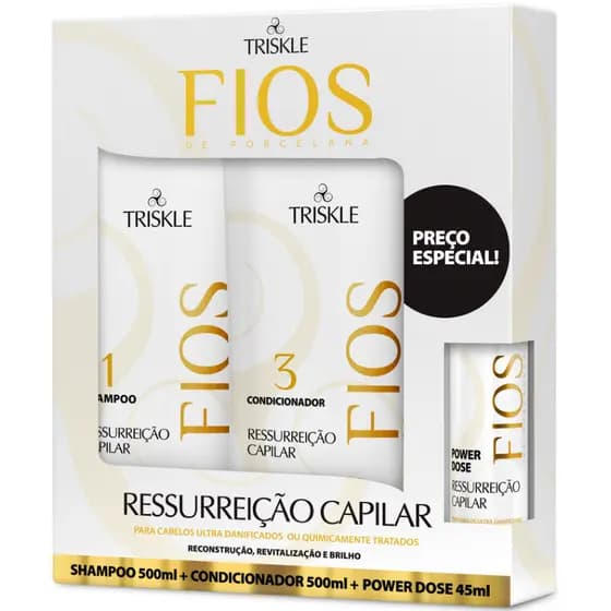 Kit Triskle Fios Porcelana Ressurreição Capilar Shampoo 500ml Condicionador 500ml Megadose 45ml