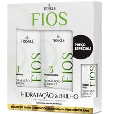 Kit Triskle Fios Porcelana Hidratação Brilho Shampoo 500ml Condicionador 500ml Megadose 45ml