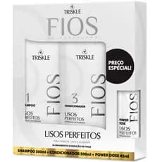 Kit Triskle Fios Porcelana Lisos Perfeitos Antifrizz Shampoo 500ml Condicionador 500ml Megadose 45ml