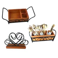 Kit porta temperos, porta talheres e porta guardanapo de mesa rústico feito em ferro e madeira