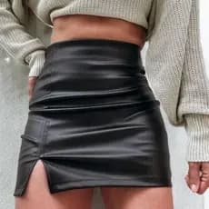 Saia De Couro Feminina Com Ziper Cintura Alta Abertura Lateral Estilosa