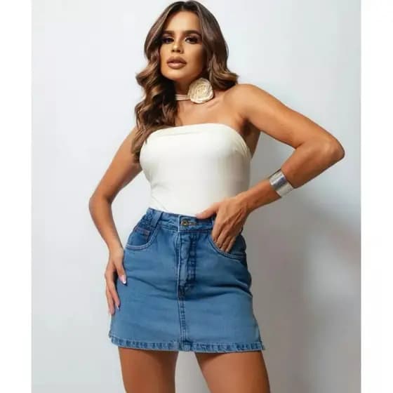 Saia Shorts Jeans Cintura Alta Fenda Recorte Lateral Premium