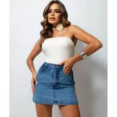 Saia Shorts Jeans Cintura Alta Fenda Recorte Lateral Premium